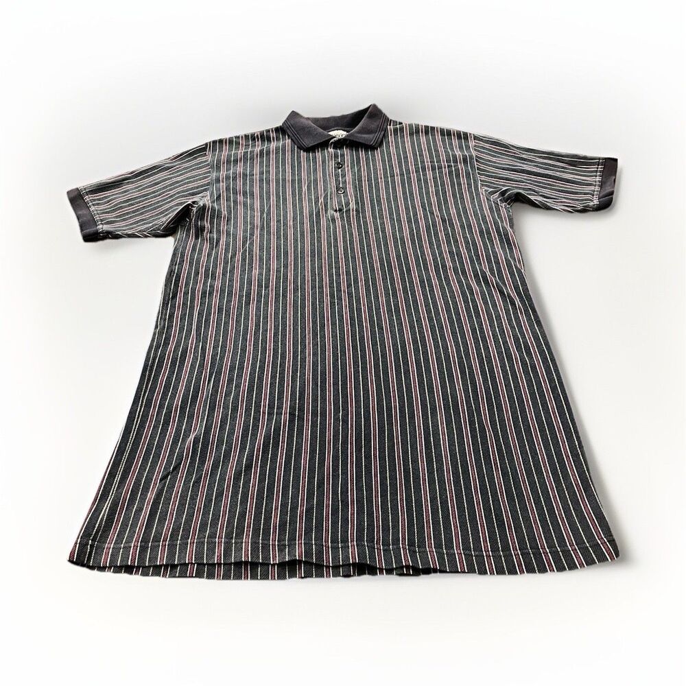 Vintage Bugle Boy Men's L Gray Red  Striped 100% Cotton Short Sleeve Polo Shirt